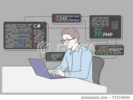 Programmers working on web development on Laptop computer.  Software developers. Hand drawn in thin line style, vector illustrations.  75554690