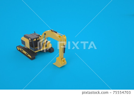 3D model of a yellow excavator. Machine for construction work. Machine with a bucket for digging. Graphics. Isolated excavator on a blue background 75554703