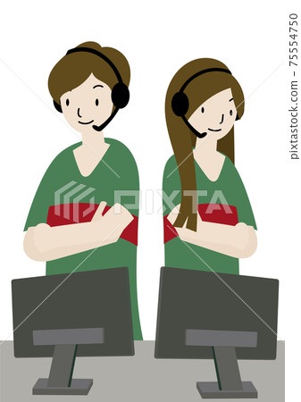 Illustration of men and women in an e-sports duo team posing with their arms folded (with facial expressions) 75554750