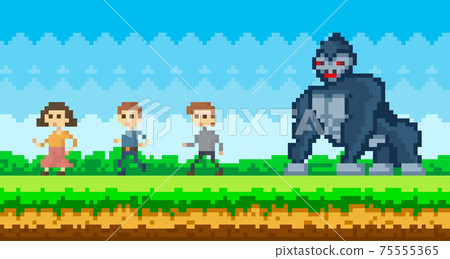 Pixel people run away from gorilla. Pixel-game scene with giant monkey catching up with group of men 75555365