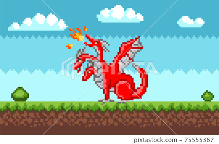 Pixel monster character red three-headed dragon. Pixelated dinosaur with wings breathes fire Pixel monster character red three-headed dragon. Pixelated dinosaur with wings breathes fire 75555367