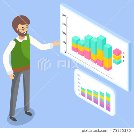 Man studies demand indicators on presentation board with charts and graphs, marketing concept 75555370