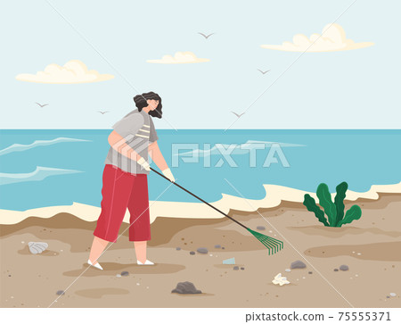 Woman is removing plastic and paper waste with rake on dirty beach and cleaning territory Woman is removing plastic and paper waste with rake on dirty beach and cleaning territory 75555371