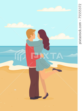 Guy and girl hugging each other on coastline. Young couple in relationship has date on seashore 75555372