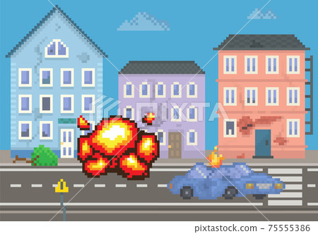 City with long road along houses destroyed by explosions. Car with deformed roof is burning City with long road along houses destroyed by explosions. Car with deformed roof is burning 75555386