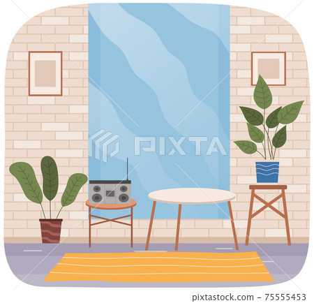 Mat, music station, large mirror for interior. Sports and room at home. Arrangement of furniture Mat, music station, large mirror for interior. Sports and room at home. Arrangement of furniture 75555453