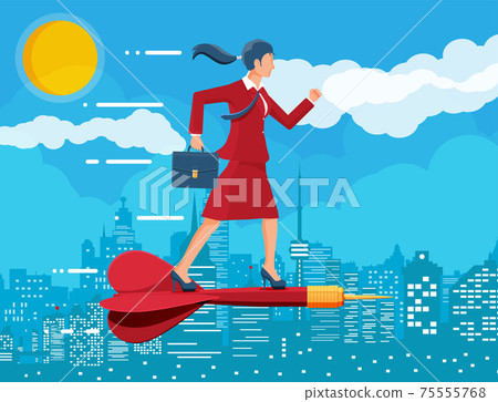 Businesswoman on dart aim arrow to target. Businesswoman on dart aim arrow to target. 75555768