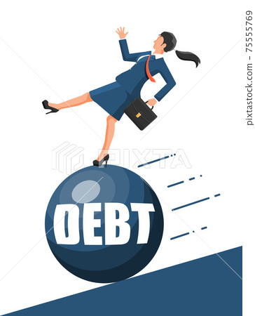 Businesswoman running away from big debt weight Businesswoman running away from big debt weight 75555769