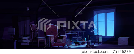 House attic with old furniture at night 75556229