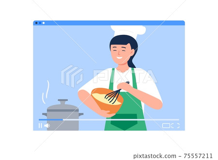 Online cooking learning. Video tutorial from professionals, bloggers. Online education, e-learning, studying at home. Vector flat illustration. 75557211