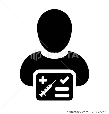 Vaccination card icon vector with male user person profile avatar symbol for medical and healthcare certificate in a glyph pictogram illustration 75557243