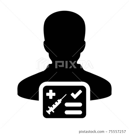 Vaccination card icon vector with male user person profile avatar symbol for medical and healthcare certificate in a glyph pictogram illustration 75557257