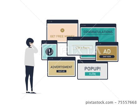 Illustration material of a man who has trouble with pop-ups, internet advertisements, and troubles Illustration material of a man who has trouble with pop-ups, internet advertisements, and troubles 75557668