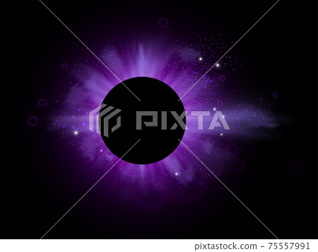 Purple burst with sparkle rays and lens flare effect. Glowing stars. Purple glitter bokeh lights and burst of magical dust particles. Vector illustration. 75557991