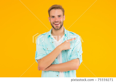 positive happy guy pointing finger and wear denim style positive happy guy pointing finger and wear denim style 75559271