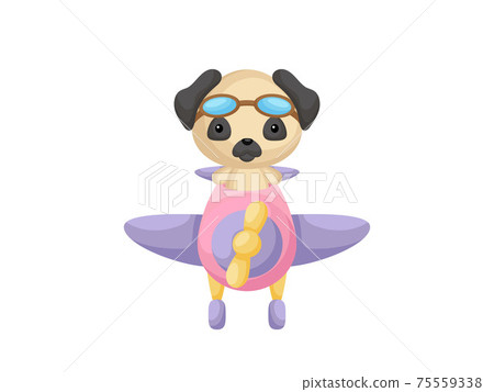 Little pug dog wearing aviator goggles flying an airplane. Funny baby character flying on plane for greeting card, baby shower, birthday invitation, house interior. Isolated vector illustration Little pug dog wearing aviator goggles flying an airplane. Funny baby character flying on plane for greeting card, baby shower, birthday invitation, house interior. Isolated vector illustration 75559338