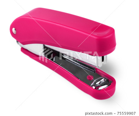 Red stapler isolated on white background. Selective focus Red stapler isolated on white background. Selective focus 75559907