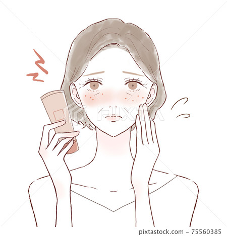 因化妝品搭配不當而發紅臉的中年婦女 因化妝品搭配不當而發紅臉的中年婦女 75560385