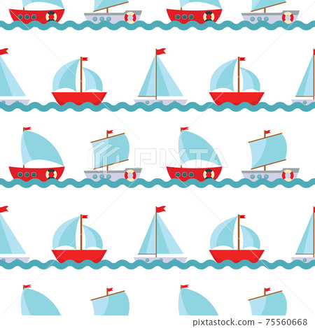 Seamless Pattern Background with Children's Cute ship. Vector Illustration 75560668