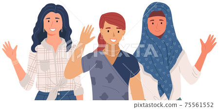 Womman greeting gesture. Different nations representatives waving hand saying hello 75561552