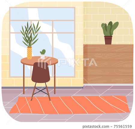 Arrangement of furniture and layout of apartment design. Modern room with panoramic window Arrangement of furniture and layout of apartment design. Modern room with panoramic window 75561559
