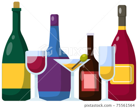 Alcohol decorated to be served to guest at bar. Alcoholic drinks and different cocktails in glasses 75561564