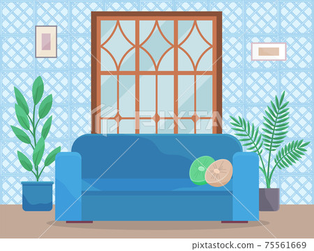 Large soft sofa in interior of living room in blue tones. Couch, panoramic window and potted plants Large soft sofa in interior of living room in blue tones. Couch, panoramic window and potted plants 75561669