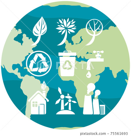 Planet Earth depicting symbols of ecology, recycling and pollution. Environmental care concept 75561693