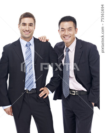 studio portrait of happy caucasian and asian businessmen, isolated on white background 75561694