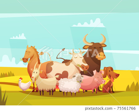 Farm Animals In Countryside Cartoon Poster 75561766