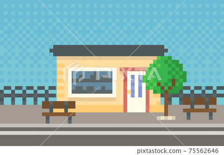House surrounded by green spaces and plants. Building with many windows for pixel game design 75562646