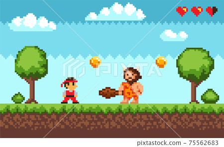 Pixel game battle scene with ninja dressed in kimono and caveman wearing animal pelt with baton 75562683