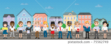 Pixel people for old game layout stand against background of cityscape with skyscraper silhouettes Pixel people for old game layout stand against background of cityscape with skyscraper silhouettes 75562749