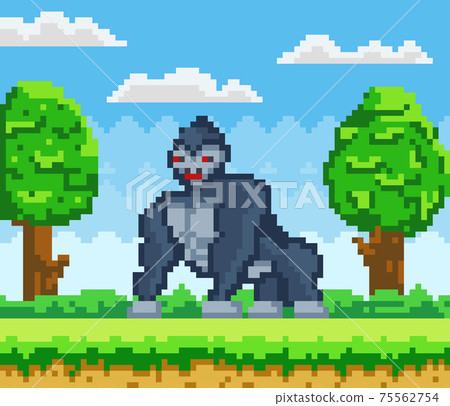 Vector pixelated Gorilla cartoon pixel design wild animal in natural landscape with green trees Vector pixelated Gorilla cartoon pixel design wild animal in natural landscape with green trees 75562754