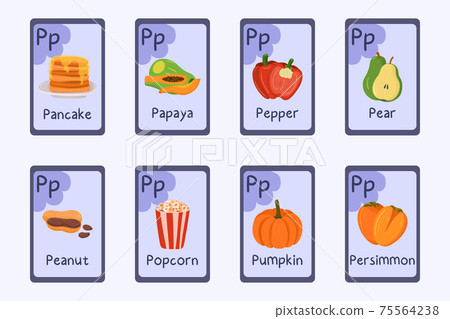 Colorful alphabet flashcard Letter P - pancake, papaya, pear, peanut, popcorn, pumpkin, persimmon 75564238