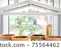 Flowerpots with young seedlings in a greenhouse 75564462