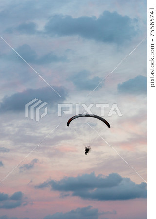 paramotor flight in vertical sunset sky paramotor flight in vertical sunset sky 75565741