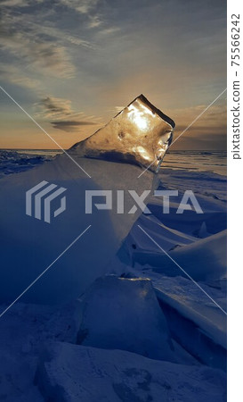 Cracks on the surface of the blue ice. Frozen lake in winter mountains. It is snowing. The hills of pines. Carpathian Ukraine Europe. 75566242