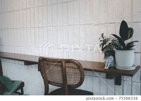 wood counter bar on white wall and blank chair decorated with plant pot wood counter bar on white wall and blank chair decorated with plant pot 75566338