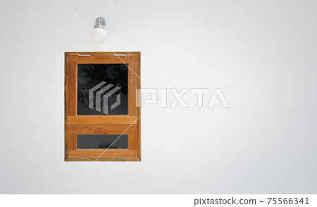 wooden window and lamp on white wall background 75566341