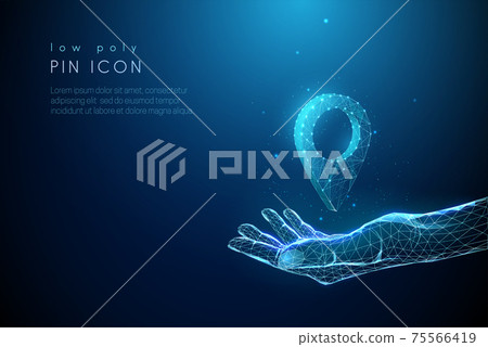 Abstract blue giving hand holds pin icon 75566419