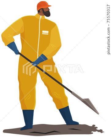 Male character in protective suit collects polluting oil. Volunteer is cleaning dirty area 75570317