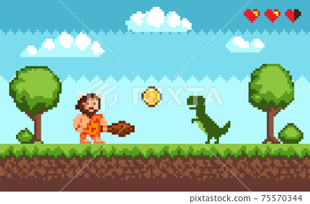 Pixel art background with primitive man and dinosaur. Pixelated scene with caveman, green dragon Pixel art background with primitive man and dinosaur. Pixelated scene with caveman, green dragon 75570344