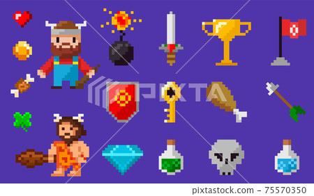Signs and symbols of items collected during game, pixel-game characters against violet background 75570350