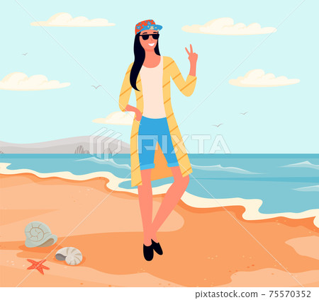 Woman standing on coastline, pointing fingers up to sky. Girl posing near sea for photography Woman standing on coastline, pointing fingers up to sky. Girl posing near sea for photography 75570352