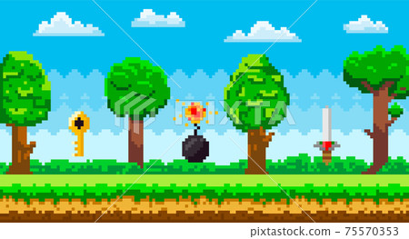 Pixel art game background with reward object in air. Pixel-game scene with grass, tall trees 75570353