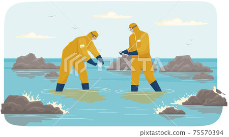 Scientists in protective suits collect samples of contaminated water. People analyze state of ocean 75570394
