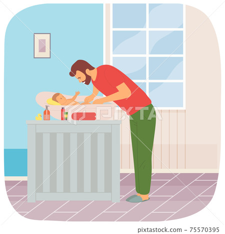 Happy fatherhood, father bathes newborn baby in bathtub at home. Child lies in baby bath on table 75570395