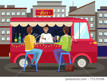 Truck with bartender making alcohol drink for young people. Men buying cocktails from outdoor bar 75570396