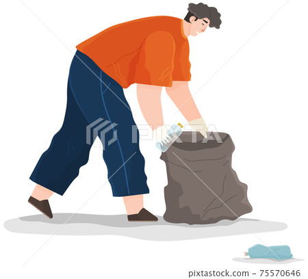 Male character throwing bottle in trash bag. Cartoon character is removing plastic and paper Male character throwing bottle in trash bag. Cartoon character is removing plastic and paper 75570646